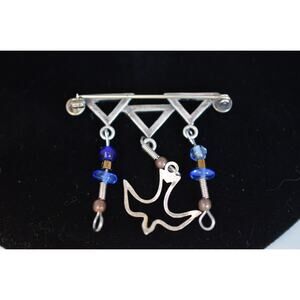 Vintage 925 Sterling Blue Glass Dove Dangle Brooch